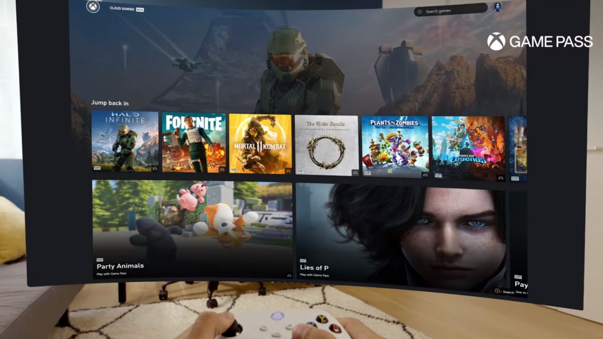 Eine virtuelle Leinwand, die über eine Meta Quest 3 in die physische Umgebung projiziert wird, zeigt den Auswahlbildschirm der Xbox Game Pass-App.