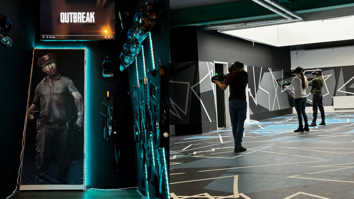 Links: Eingangsbereich der VR-Arcade mit VR-Ausrüstung. Rechts: Besucher:innen stehen mit VR-Waffen und VR-Brillen in der Arcade.