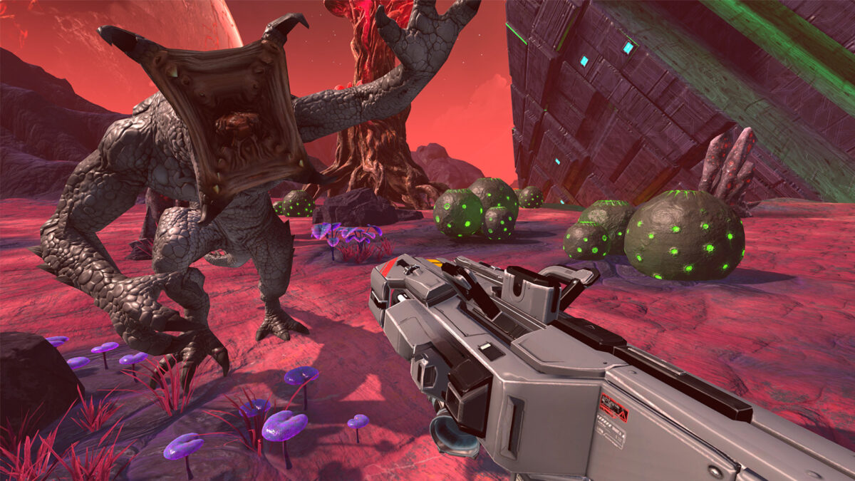 Ein Screenshot des VR-Spiels Astro Hunters VR zeigt eine Begegnung mit Außerirdischen auf einem bunten Planeten.