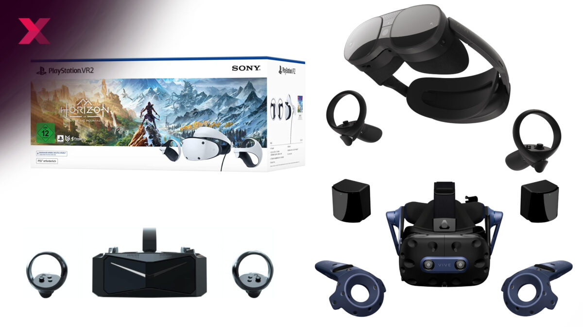 Bilder der VR-Brillen PSVR 2, HTC Vive Pro 2 und Vive XR Elite, Pimax Crystal