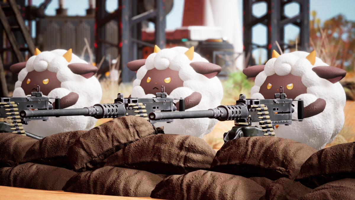 Three Sheep with Machine Guns in the PC-Game Palworld.