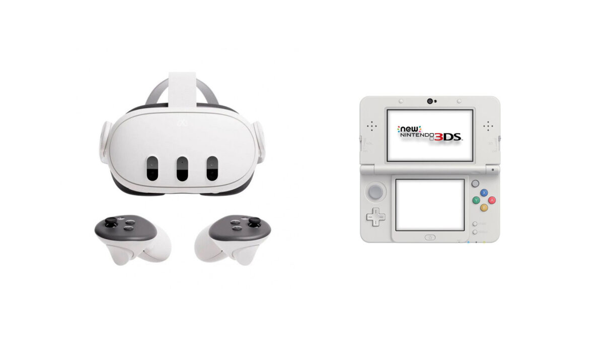 Quest 3 neben Nintendo 3DS, beide schwebend vor weißem Hintergrund.