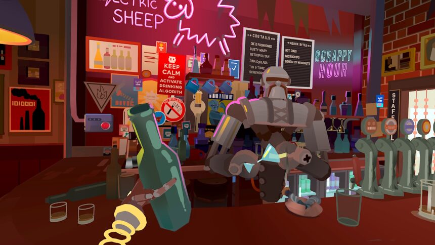 Der Spieler hält eine Bierflasche in der Hand, ihm gegenüber ein Roboterbartender hinter einer Bar.