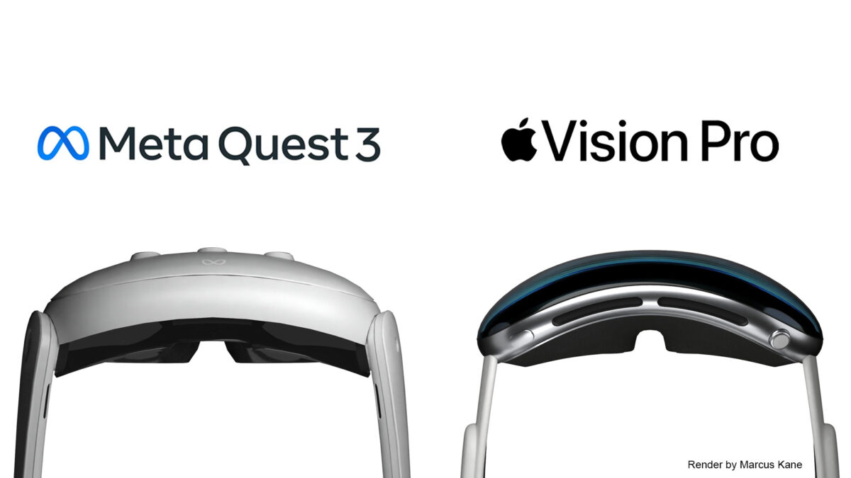Formfaktor der Quest 3 und Vision Pro im direkten Vergleich ohne Facial Interface. Rendering von Marcus Kane.