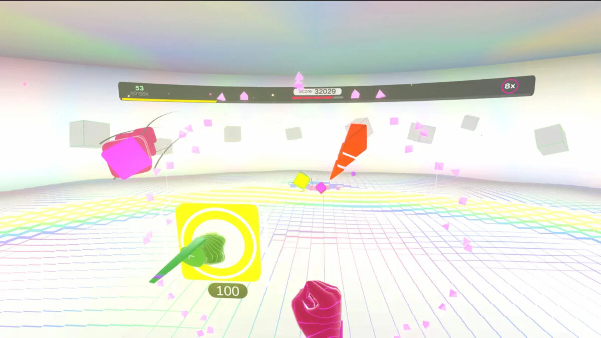 Ein Screenshot des VR-Spiels Beat The Beats VR zeigt virtuelle Fäuste, die auf bunte Objekte einschlagen.