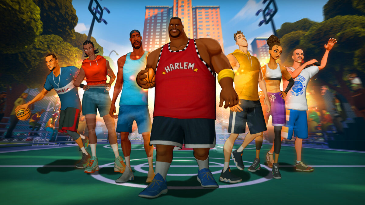 Ein Gruppe von Streetball-Spieler:innen steht auf einem Court im VR-Spiel Blacktop Hoops.