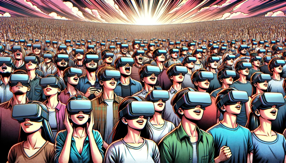 Eine realistische Illustration im Comic-Stil, die Tausende von jungen und begeisterten Menschen mit VR-Headsets zeigt.