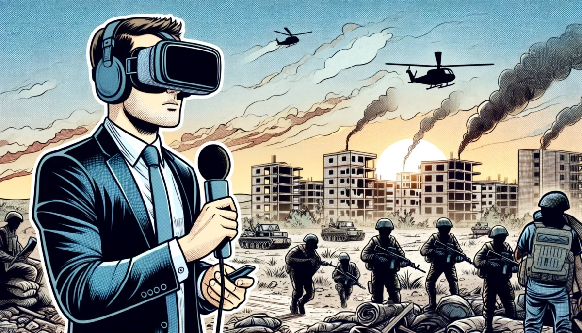 A realistic comic-style illustration of a journalist wearing a VR headset reporting from a warzone.