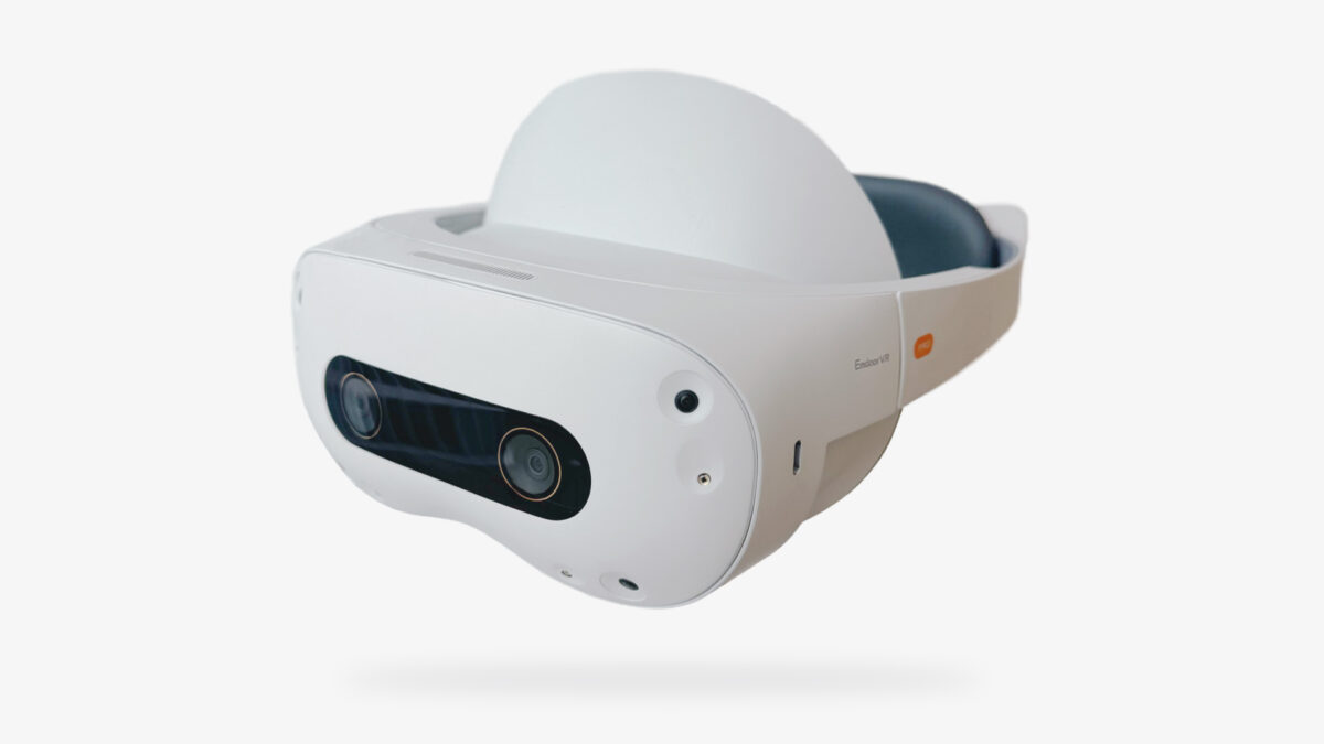Weißes Referenzdesign-Headset von Emdoor und Ultraleap.