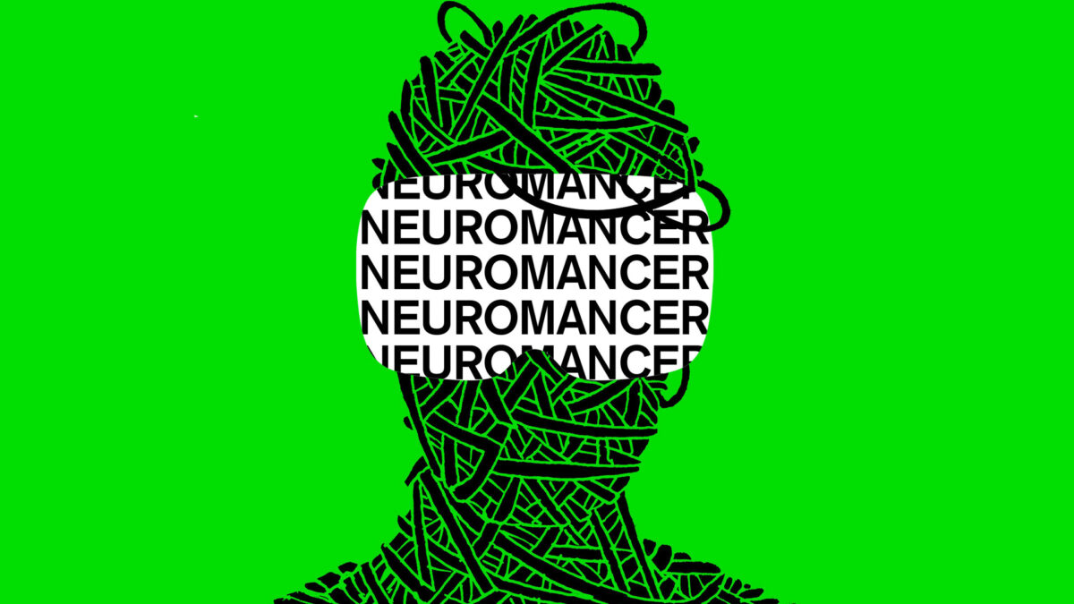 Werbebild für Neuromancer zeigt eine menschliche Silhouette aus Kabeln und eine VR-Brille auf der wiederholt Neuromancer steht.