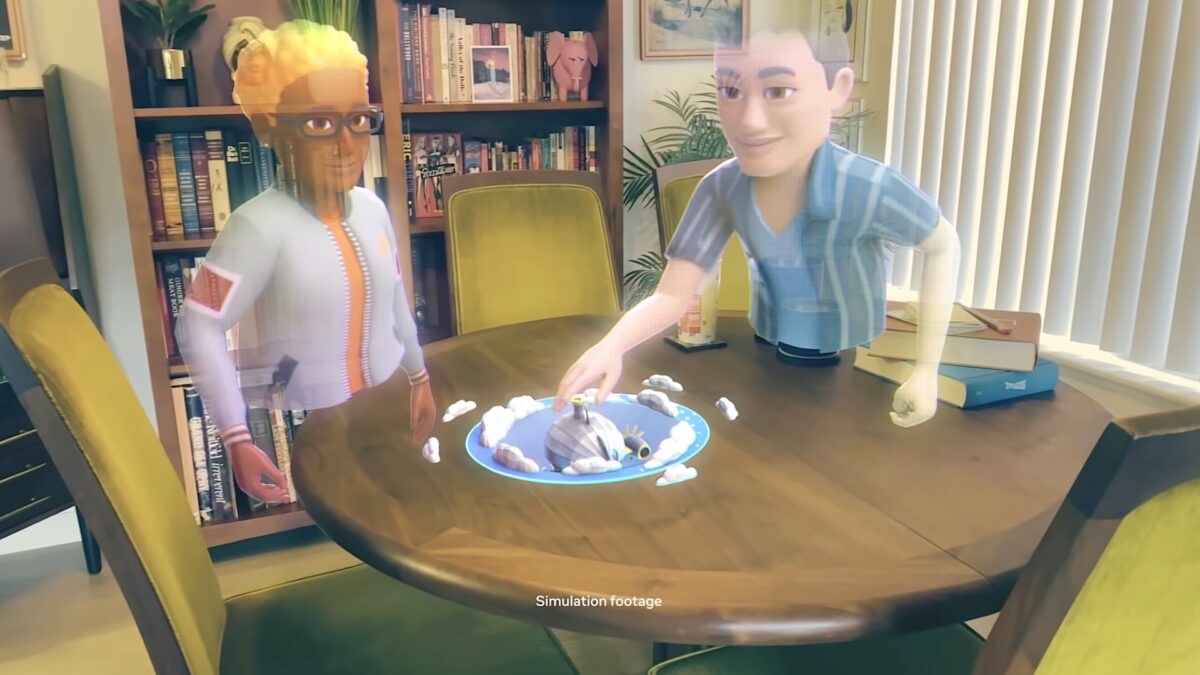 Simulation von Metas erster AR-Brille: Zwei durchsichtige Comic-Avatare über einem Tisch.
