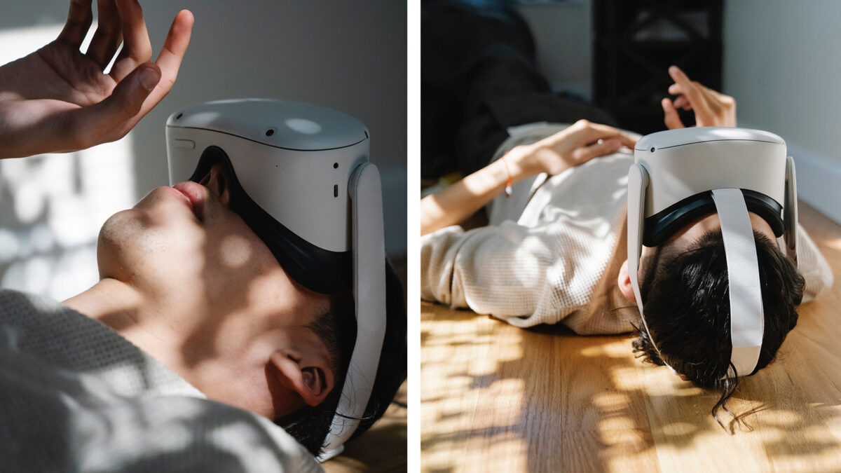 Zwei Bilder eines liegenden Mannes mit VR-Brille, der Hand-Tracking nutzt.