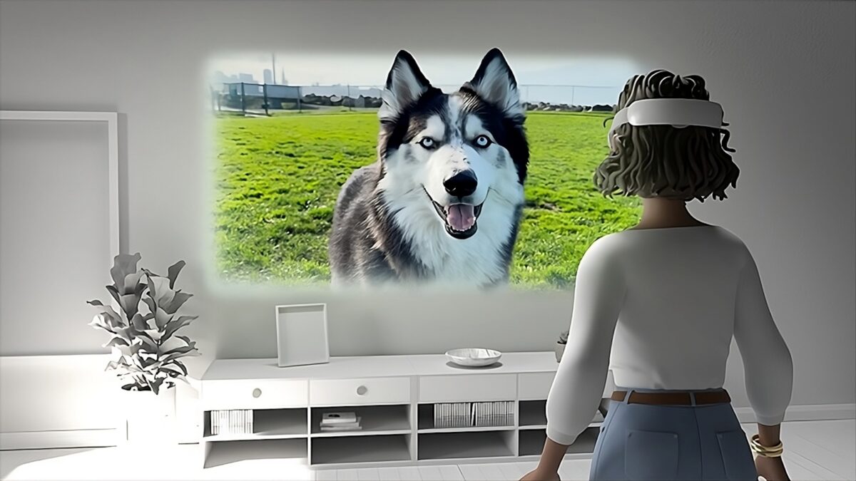 Eine Frau mit Quest-Headset sieht sich ein Spatial Video mit einem Wolf an.