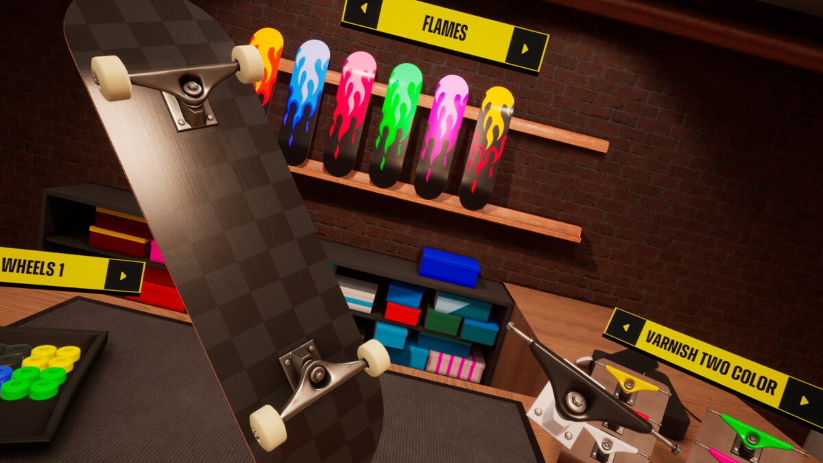 Ein virtueller Skate-Shop, in dem man verschiedene Decks in einem Regal sieht.