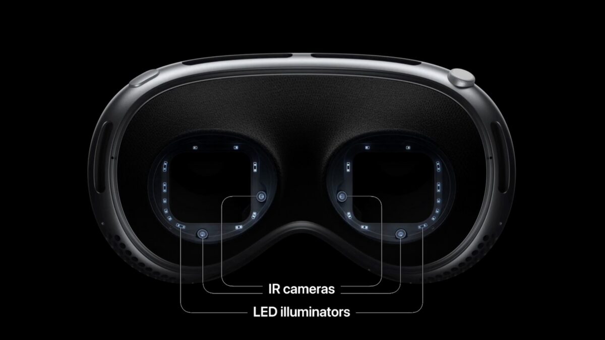 Blick auf das Innere von Vision Pro mit hervorgehobenen Eye-Tracking-System.