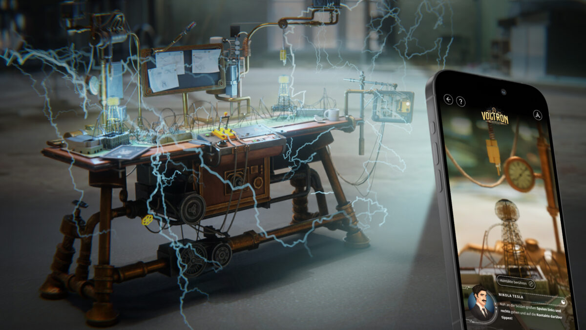 Ein digitaler Experimentiertisch steht unter Strom, während ein Smartphone eine Nachricht von Nikola Tesla anzeigt.