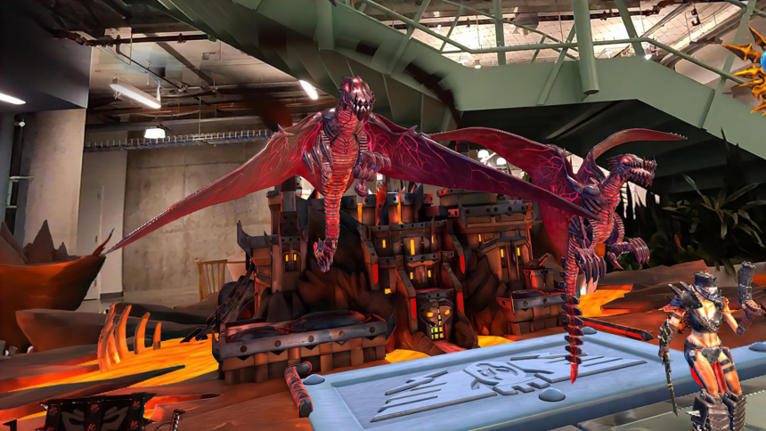 Spielszene mit Drachen vor Mixed-Reality-Hintergrund.