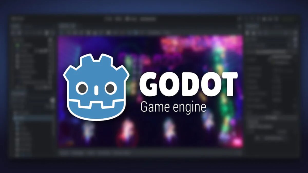 Logo von Godot Engine, im Hintergrund der Editor.