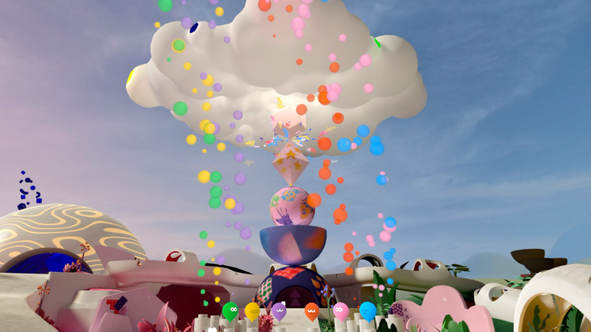 Ein Ausschnitt aus der VR-App Headspace XR zeigt eine bunte Welt, farbige Kugeln und einen Turm aus verschiedenen Formen mit einer Wolke als Dach.