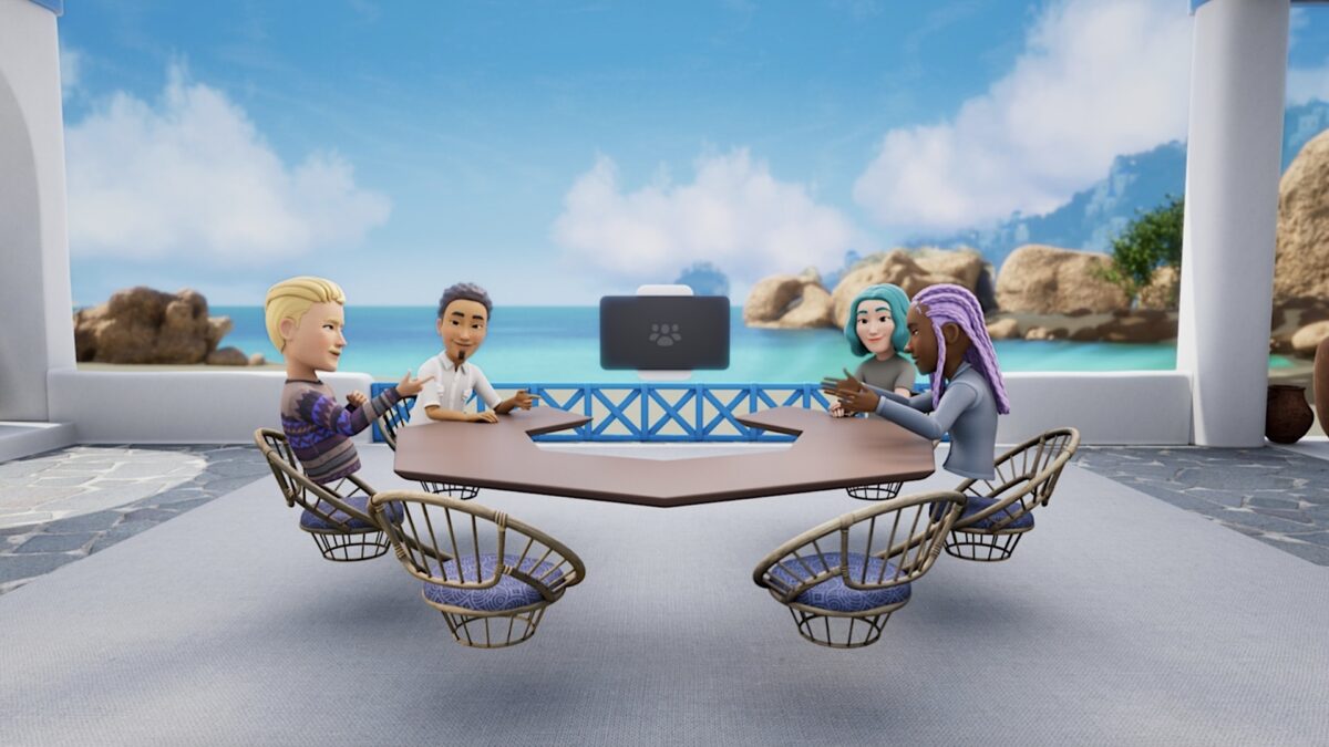Vier Avatare treffen und unterhalten sich in einem virtuellen Meeting-Raum nahe eines Strands.