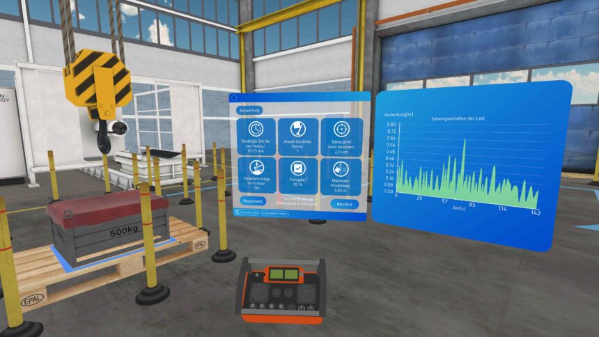 Ein Screenshot aus einer VR-Kranführungs-Trainingssimulation.