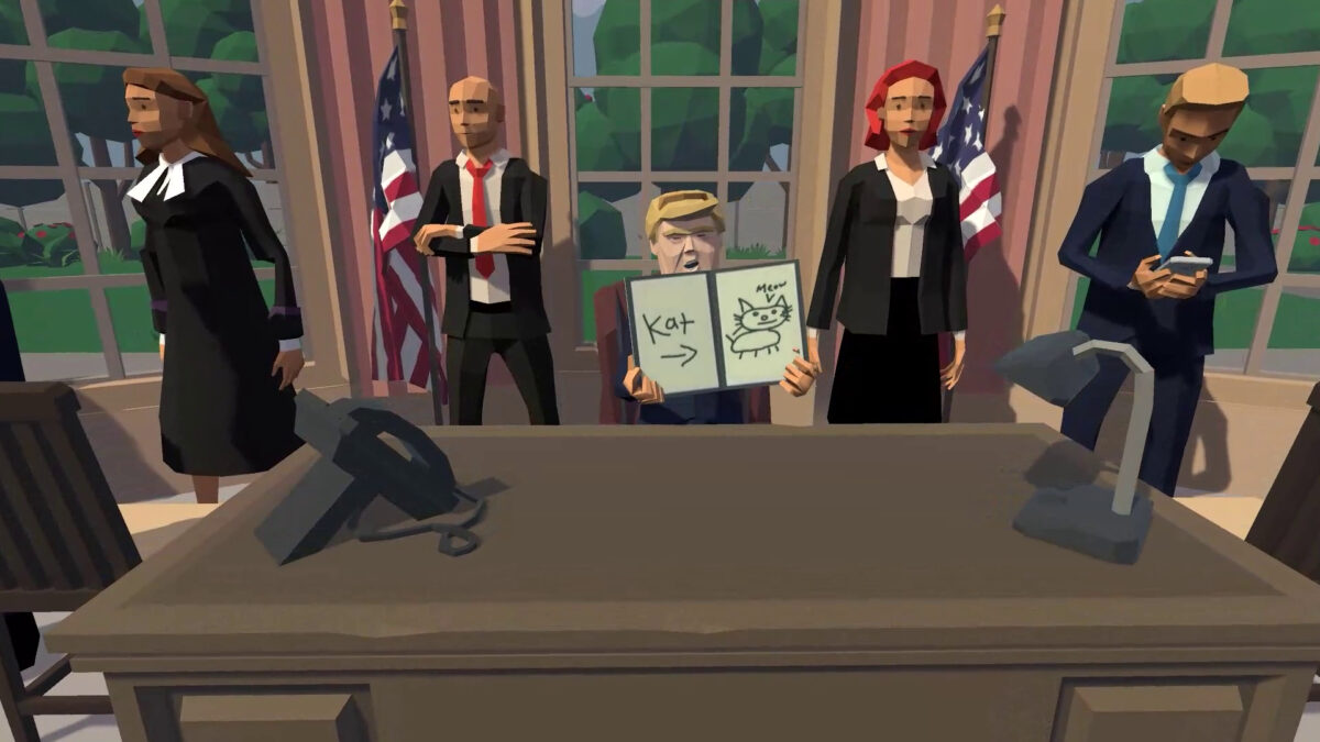 Ein Ausschnitt aus dem VR-Spiel Leeroy zeigt eine Karikatur von Donald Trump, wie er eine Zeichnung einer Katze hochhält.