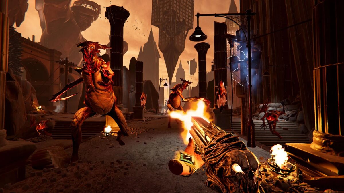 Der Spieler schießt in einer höllenähnlichen Umgebung auf furchterregende Monster.
