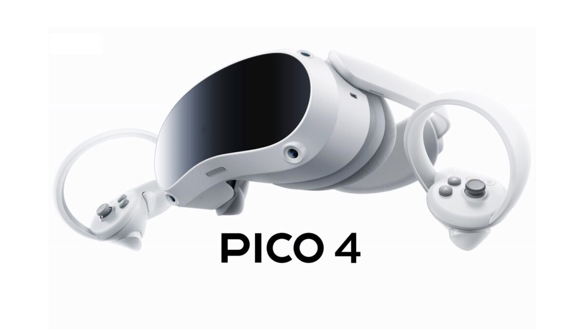 Pico 4 mit Controllern und Logo.