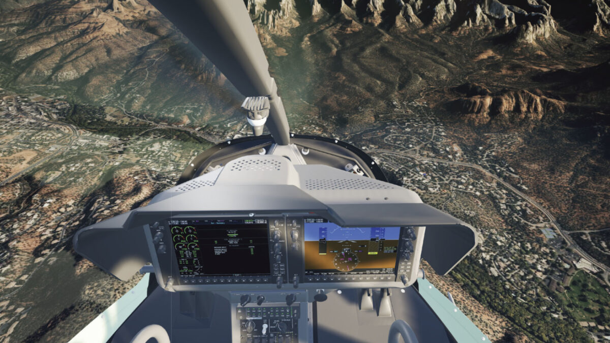 Ein Screenshot aus einem VR-Flugsimulator zeigt den Blick aus dem Cockpit auf eine felsige Landschaft.