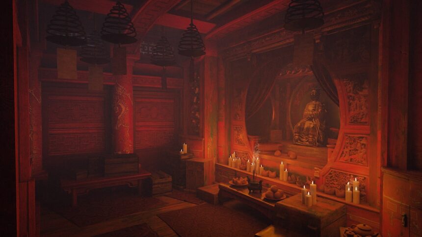 Ein stimmungsvoll ausgeleuchteter Raum mit einer Nische für eine chinesische Gottheit.