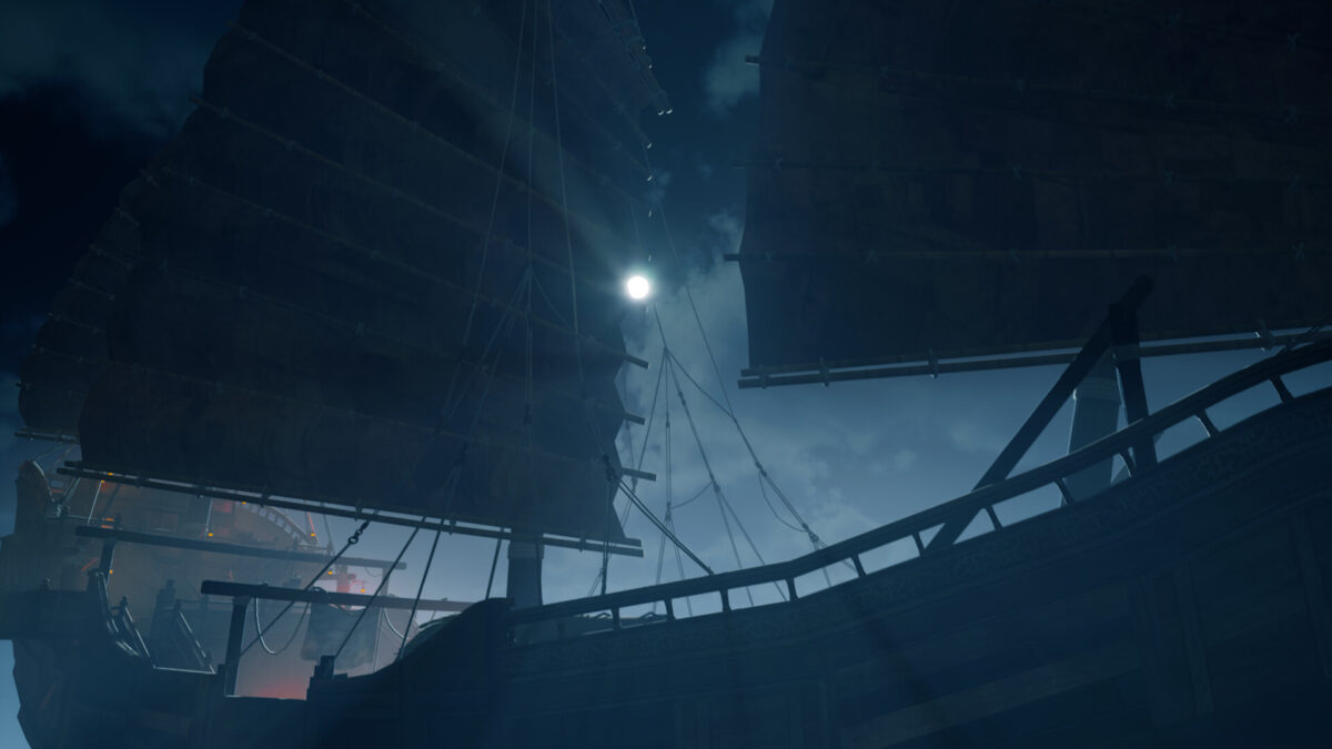 Ein Piratenschiff mit Segeln, im Hintergrund ein hell leuchtender Vollmond.