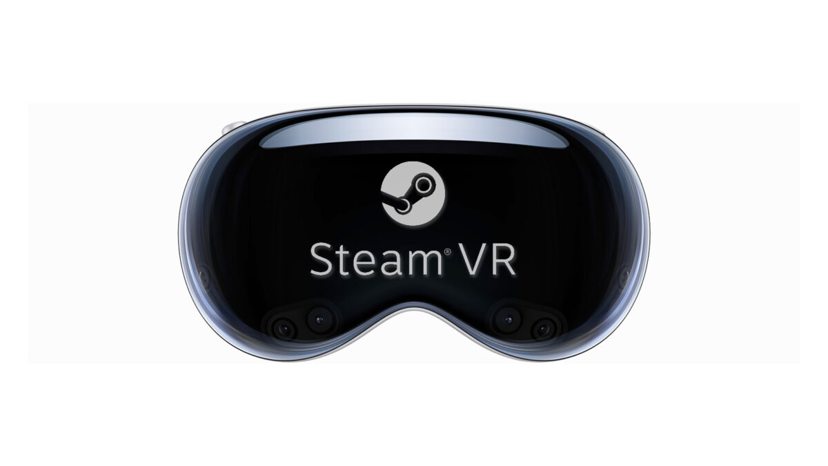 Vorderseite von Vision Pro mit SteamVR-Logo.