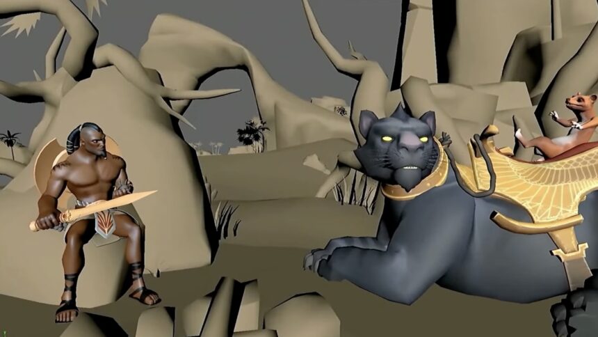 Eine Spielszene aus dem AW2-Prototyp Genesis mit Abraxas und einem Panther in einer Wüstenlandschaft.