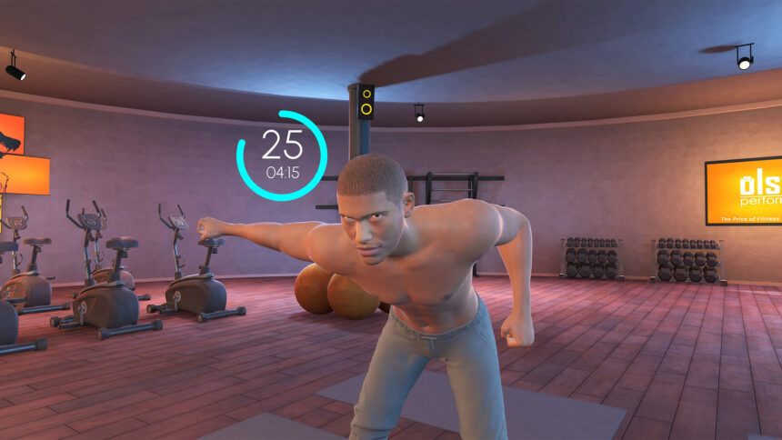 Eine virtueller Trainer macht Fitnessübungen in einem VR-Fitnessstudio vor.