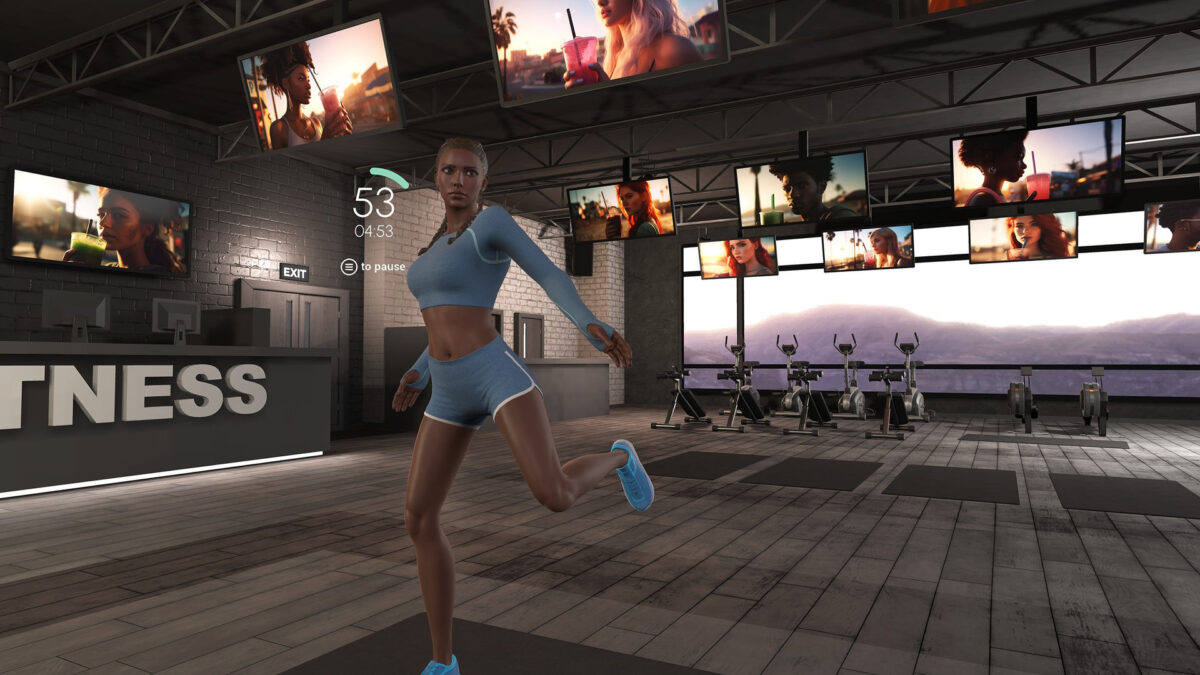 Eine virtuelle Trainerin macht Fitnessübungen in einem VR-Fitnessstudio vor.