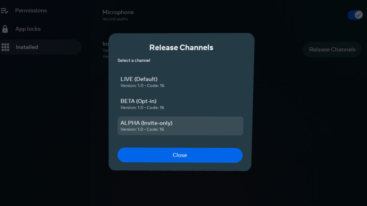 Release-Channel-Fenster mit Auswahl von App-Versionen.