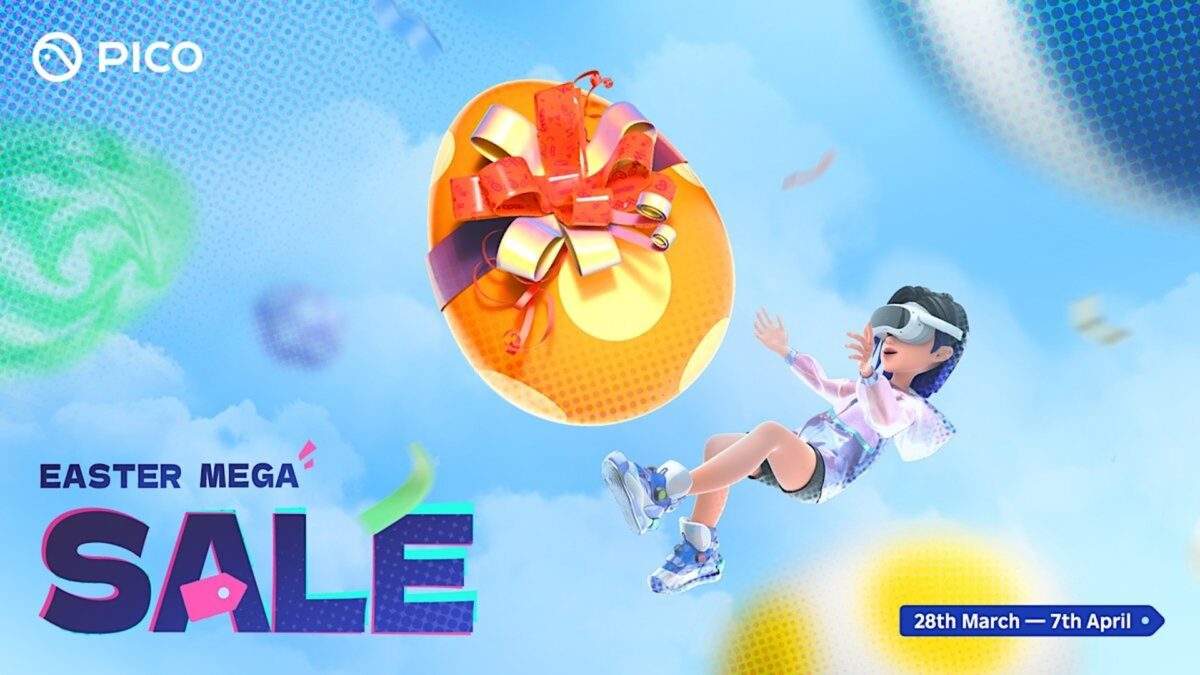 Werbebild für Sale mit einer Comic-Mädchen mit Pico 4 und fliegenden Ostereiern.