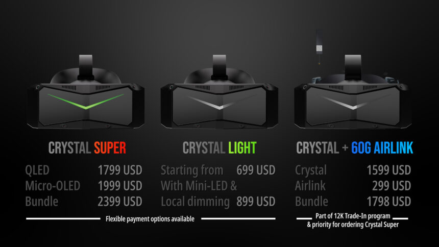Eine Übersicht, die die Preise der verschiedenen Versionen der VR-Brillen Pimax Crystal zeigt.