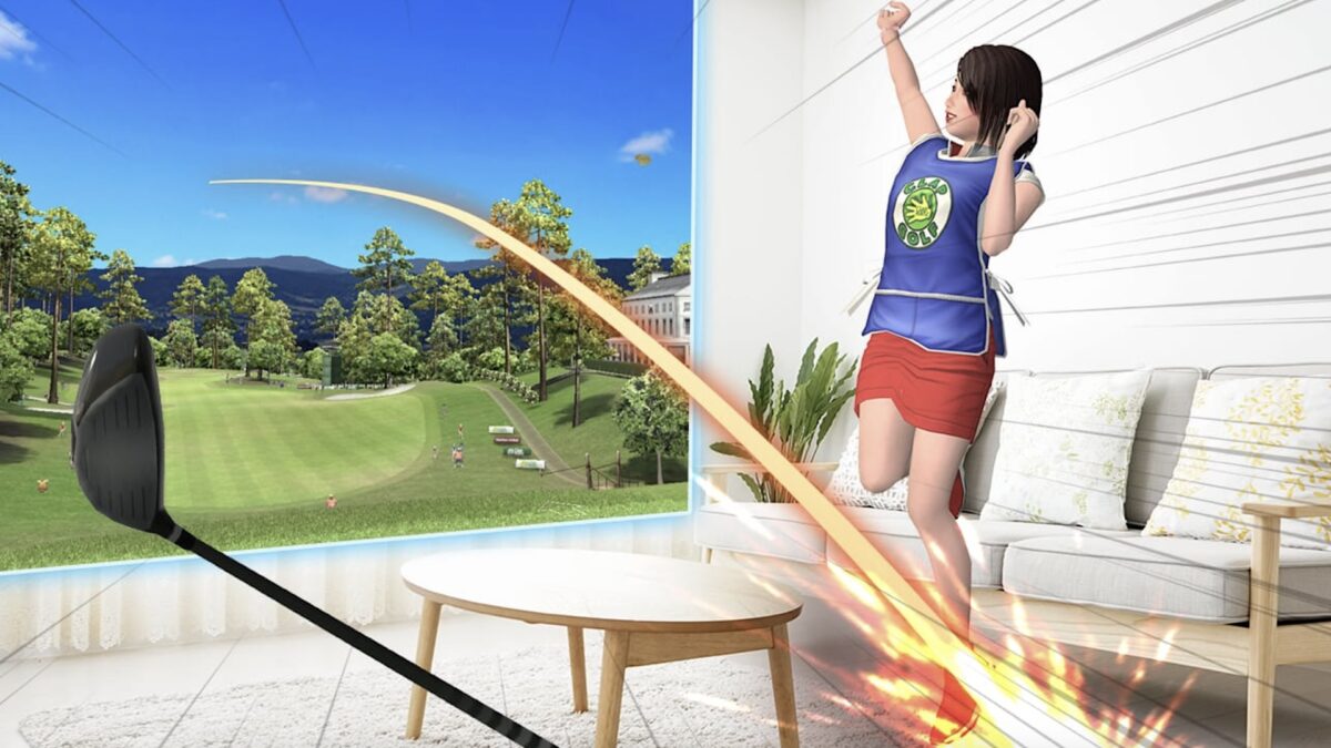 Der Spieler schießt den Golfball durch ein Mixed-Reality-Portal in Richtung eines virtuellen Golfplatzes. Eine Frau steht daneben und jubelt.