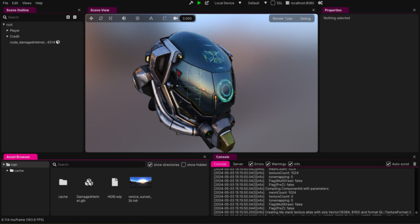 Ein Screenshot aus der Wonderland Engine zeigt die Bearbeitung eines virtuellen Pilotenhelms.