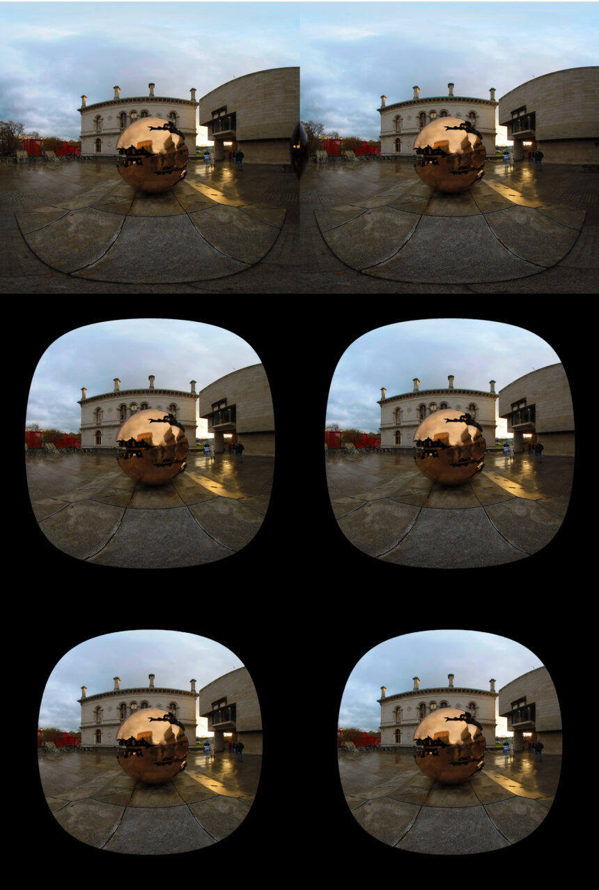 Ein VR180-3D Bild, bei dem das Hauptobjekt mittig im Foto liegt. Von oben nach unten: 180°, 150°, 135°.