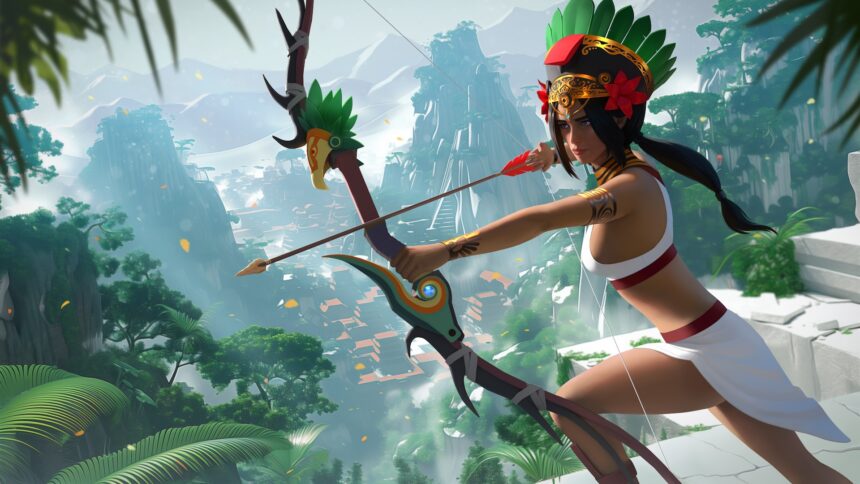 Die Heldin mit durchgehendem Bogen vor einer Dschungel- und Tempellandschaft.