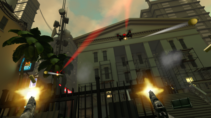 Ein Screenshot aus dem VR-Spiel Dead Second zeigt, wie der Spieler mit zwei Schusswaffen auf eine Drohne feuert.