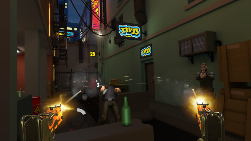 Ein Screenshot aus dem VR-Spiel Dead Second zeigt, wie sich der Spieler ein Feuergefecht mit Ganoven in einer Gasse liefert.