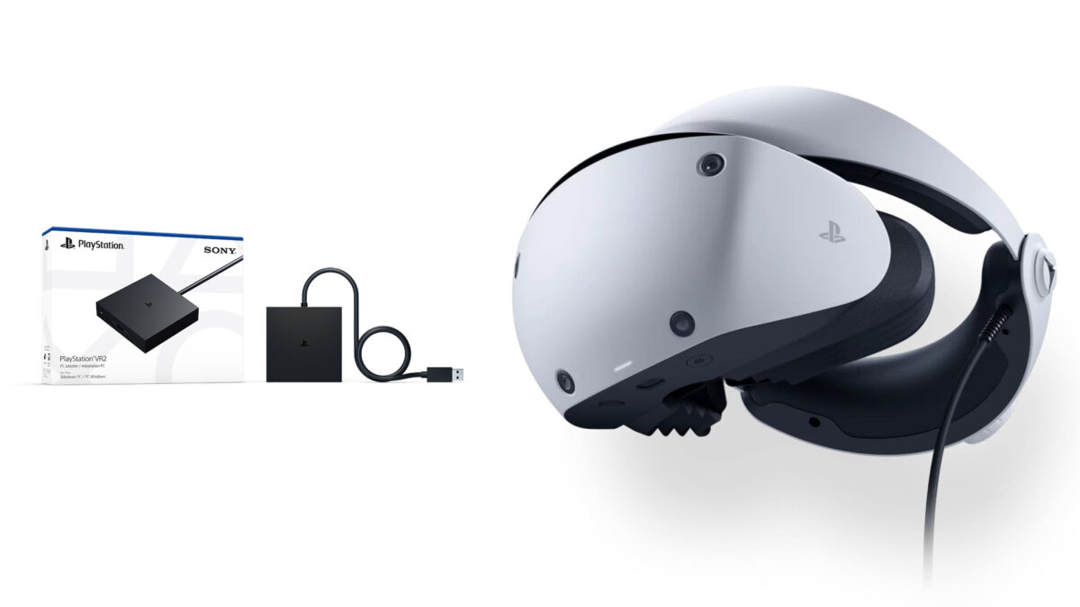 Eine Playstation VR 2 VR-Brille und ein PC-VR-Adapter.
