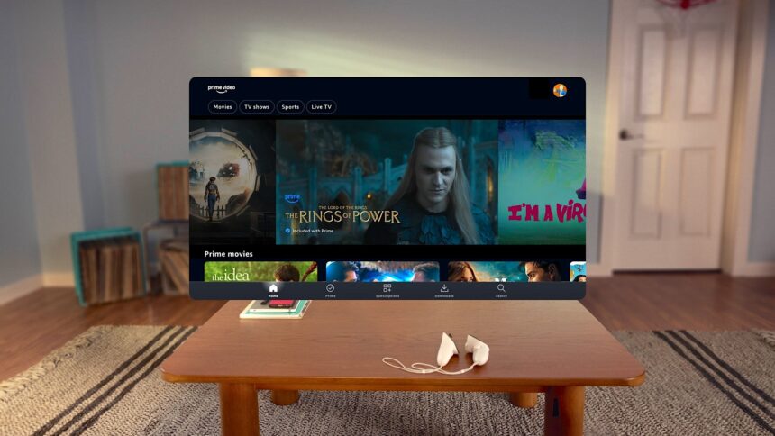 Ein Wohnzimmer mit einem MR-Panel, das die Amazon Prime Video App zeigt.