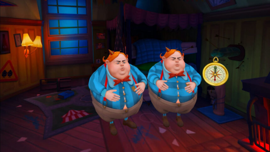 Ein Screenshot aus Escaping Wonderland zeigt die Zwillinge Tweedledee und Tweedledum.