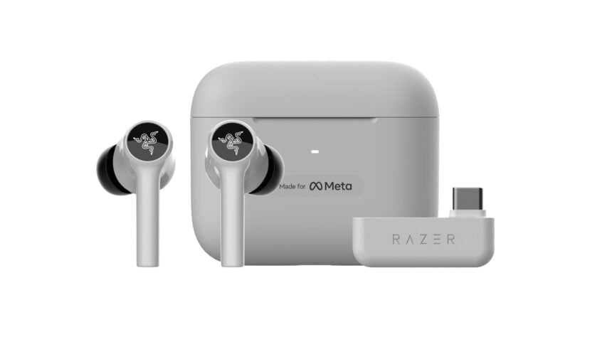 Die offiziell von Meta lizenzierten Razer Hammerhead HyperSpeed Earbuds mit USB-Dongle und Ladecase.