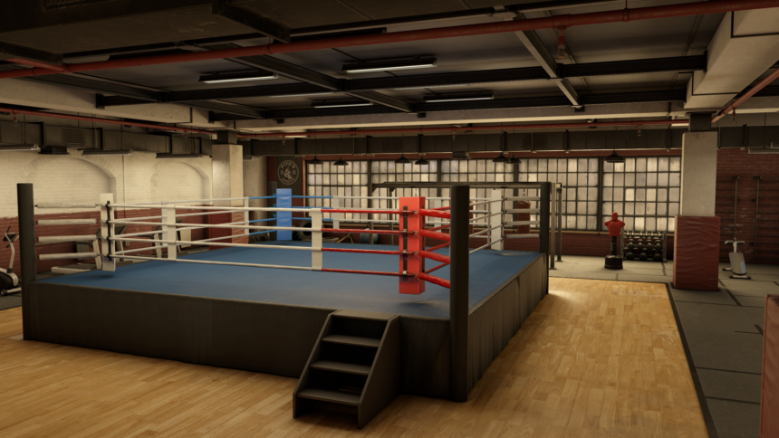 Ein VR-Fitnessstudio mit einem Boxring und Geräten. 