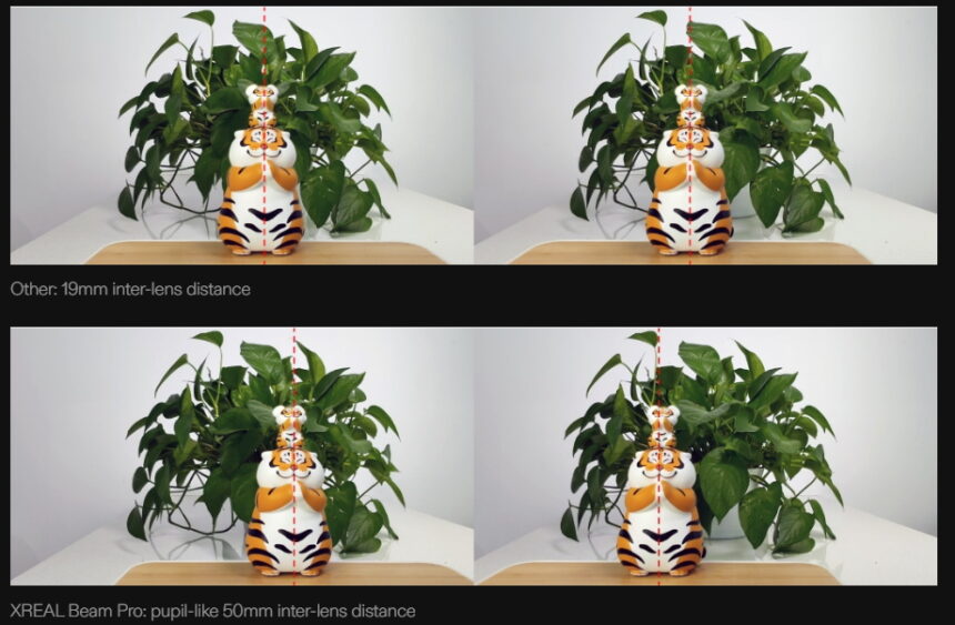 Xreal visualisiert den Unterschied der Parallaxe bei einem Setup analog zu iPhone 15 Pro (Max) und dem eigenen Setup mit 50 mm Linsenabstand.